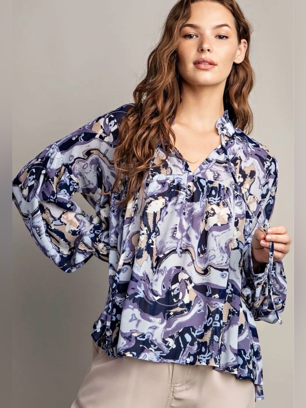 eesome Blue & Cream Abstract Print Peasant Blouse
